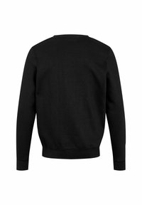 Zwarte trui, ronde hals, lange mouwen, ribgebreide manchetten en zoom, gemaakt van zacht materiaal, gladde textuur, minimalistisch ontwerp, achterkant afgebeeld.