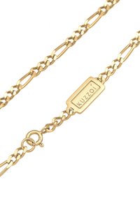 Gold chain necklace featuring elongated links and a rectangular tag with "Kuzzoi" engraved, secured with a circular lobster clasp.