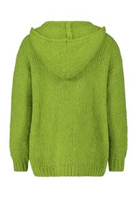 Felpa verde a maglia con finitura testurizzata, dotata di un cappuccio ampio e polsini a coste. Il design è oversize e casual.