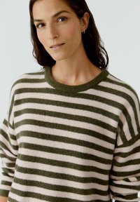 Gestickter Pullover mit grünen und blassrosa horizontalen Streifen. Rundhals-Ausschnitt, weicher Stoff und lockere Passform. Mit langen Ärmeln.