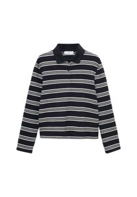 Polo a maniche lunghe di colore navy con righe bianche. Caratterizzato da un colletto e una chiusura con tre bottoni. Tessuto morbido e testurizzato.