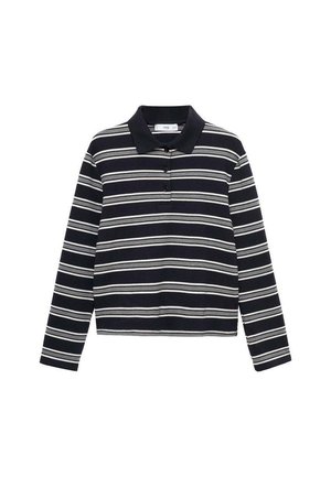 Poloshirt met lange mouwen in marineblauw met witte strepen. Heeft een kraag en een sluiting met drie knopen. Zachte, gestructureerde stof.