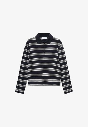 Long-sleeve polo shirt in navy with white stripes. Features a collared neckline and three-button placket. Soft, textured fabric.