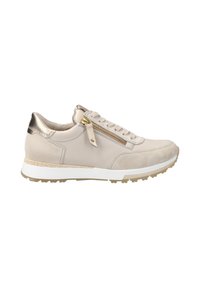 Beige Leder-Sneaker mit strukturiertem Finish, metallischen goldenen Akzenten, einem dekorativen seitlichen Reißverschluss und einer weißen Gummisohle mit rutschfester Musterung.