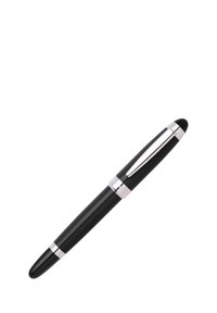 Black pen with a sleek, rounded body, silver accents, and a polished clip. Smooth texture and subtle sheen on the surface.