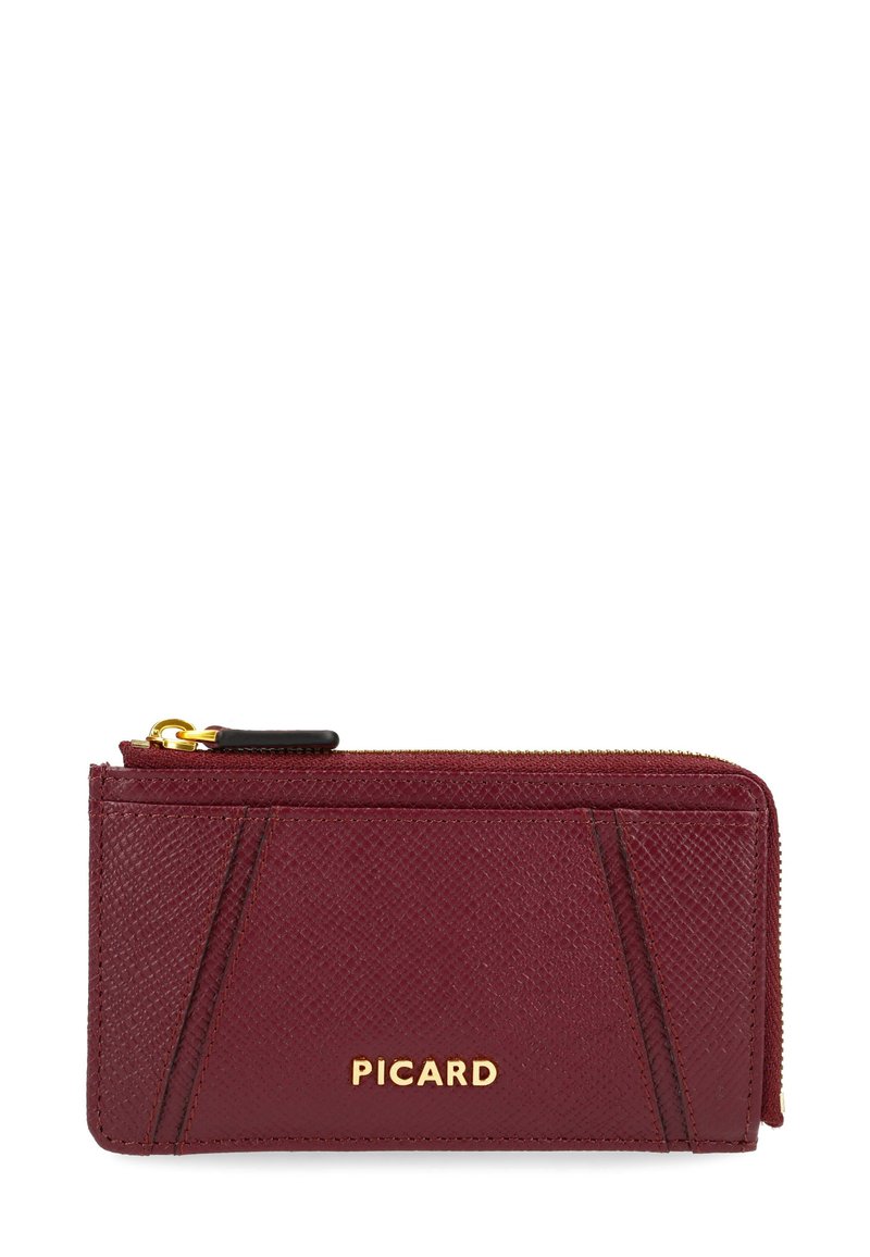 Burgundy leather wallet with a textured finish, zip closure, and gold hardware. Features diagonal stitching and a logo in gold lettering.