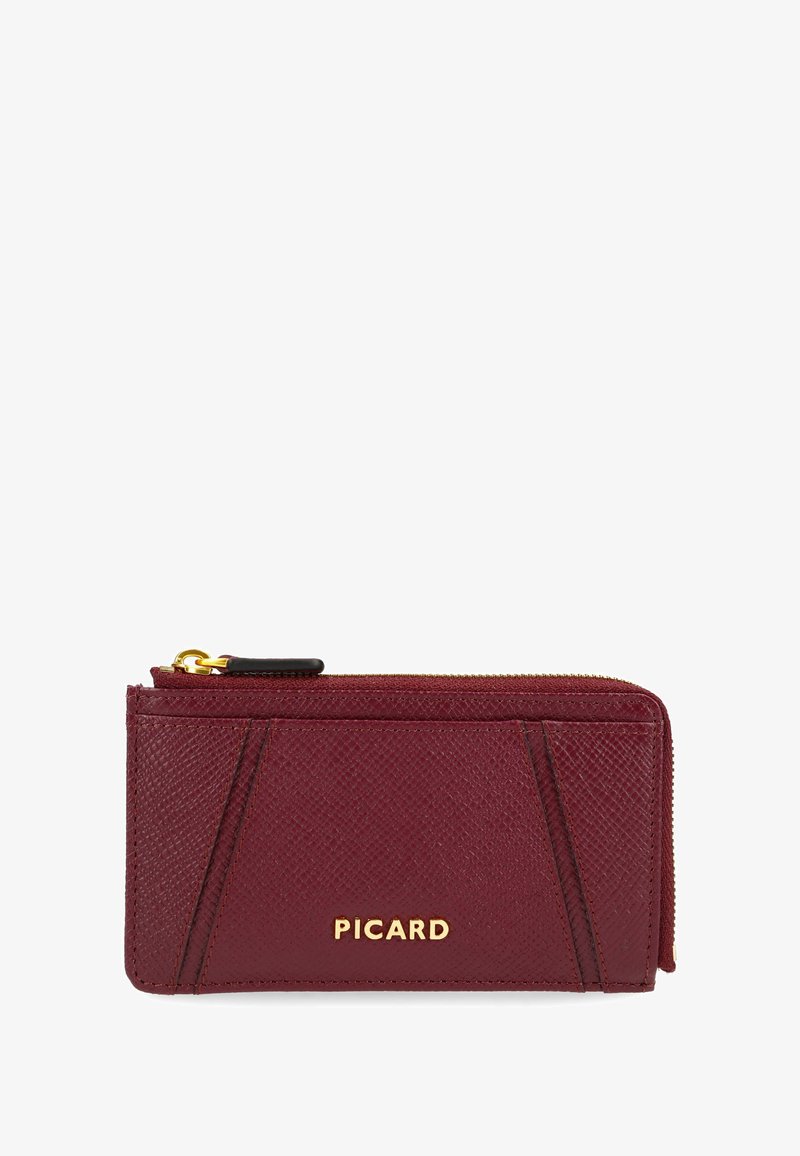 Burgundy leather wallet with a textured finish, zip closure, and gold hardware. Features diagonal stitching and a logo in gold lettering.