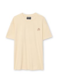 Camiseta corta de manga corta color crema hecha de una tela suave, con un pequeño bordado de rosa en el pecho y un cuello redondo.