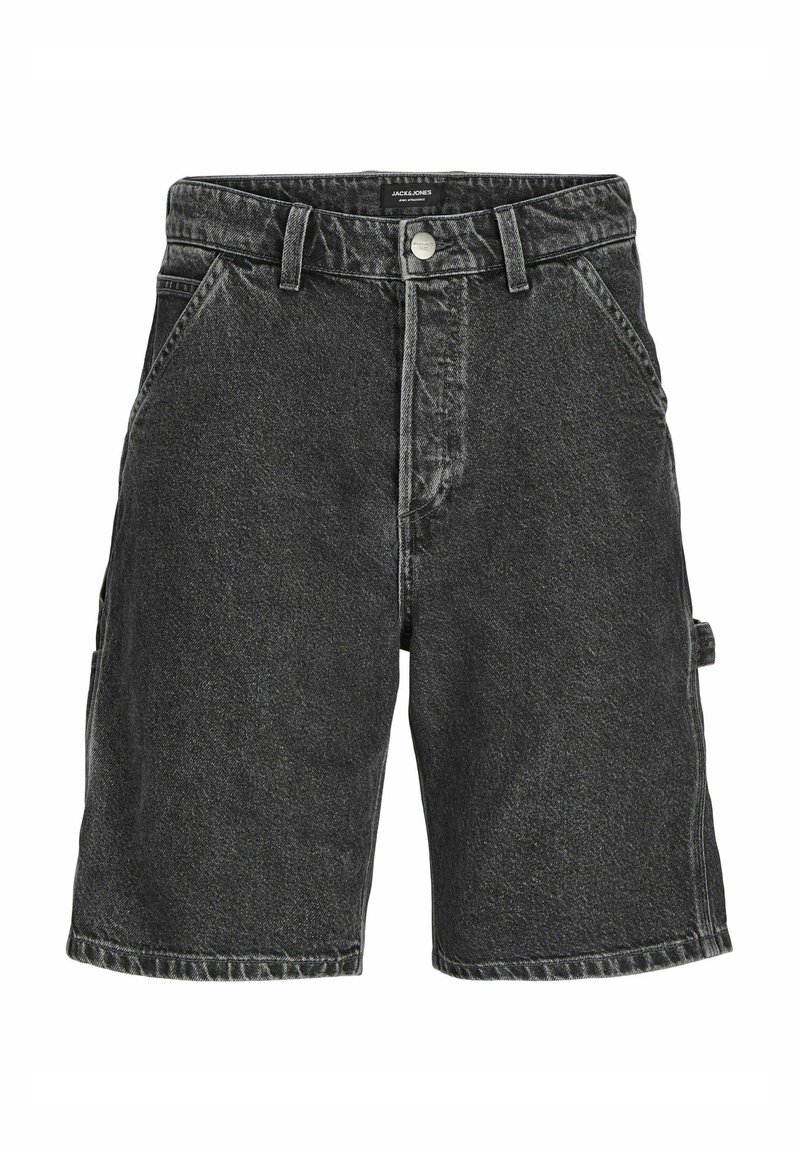 Shorts en denim noir longueur genou avec passants de ceinture, poches avant, fermeture par bouton et une boucle utilitaire latérale.