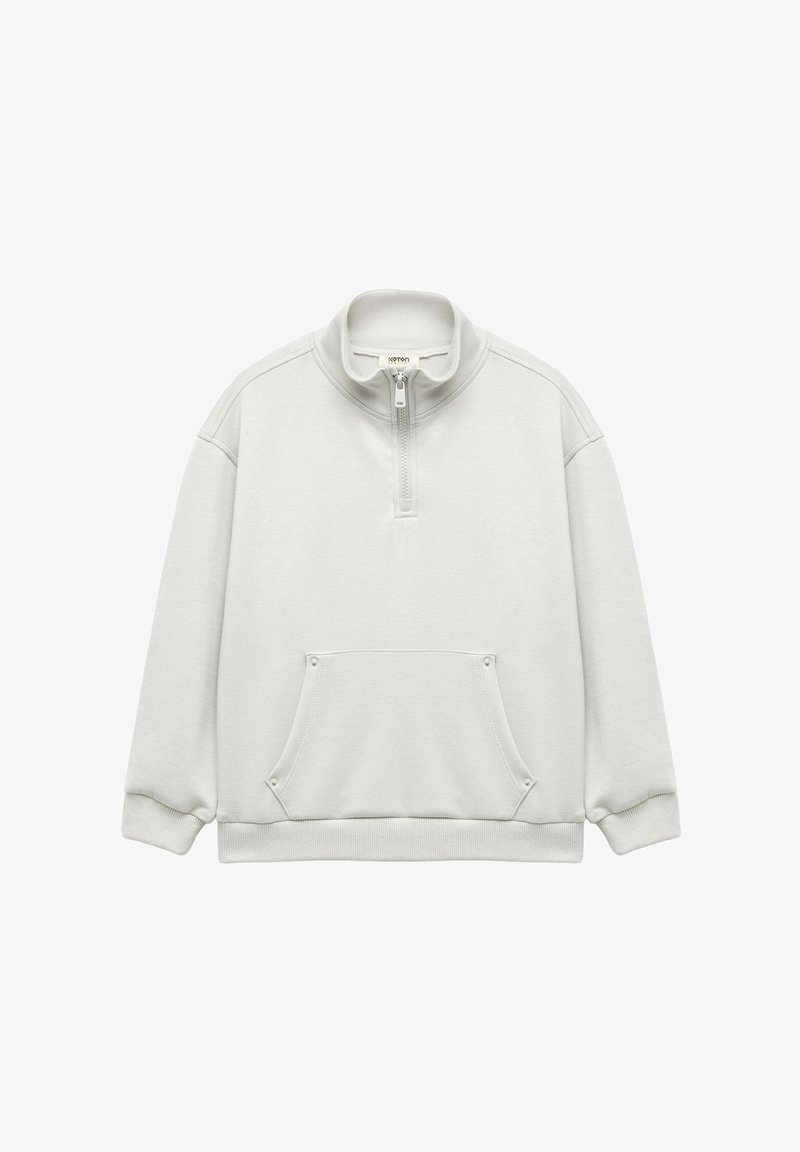 Sweatshirt en polaire gris clair avec un zip quart, un col montant et une poche kangourou à l'avant. Comprend des poignets et un ourlet côtelés.