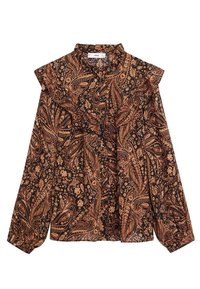 Blouse marron à motif cachemire avec manches longues, col à revers et accents à volants, en tissu léger et fluide.