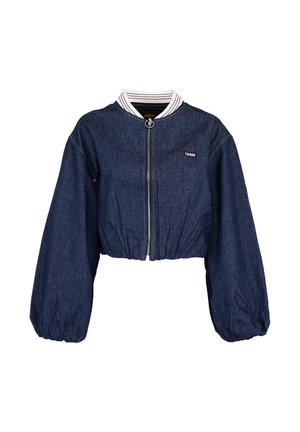 Ciemnoniebieska krótka kurtka jeansowa z długimi, bufkowatymi rękawami, zamkiem błyskawicznym z przodu, elastycznym dołem i paskowanym prążkowanym kołnierzem.