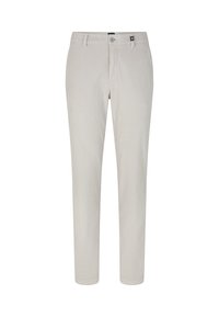 Pantaloni grigi chiari realizzati in un tessuto testurizzato. Design aderente con chiusura a bottone e tasche frontali. Frontale piatto con gambe dritte.