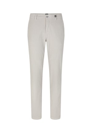 Pantaloni grigi chiari realizzati in un tessuto testurizzato. Design aderente con chiusura a bottone e tasche frontali. Frontale piatto con gambe dritte.