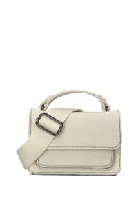 Beige stoffen tas met twee compartimenten, gestikte details, een handvat bovenaan en een verstelbare schoudertas met een metalen gesp.
