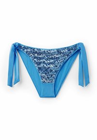 Blauer Bikini-Unterteil mit einem glänzenden Paillettenpanel an der Vorderseite, gebundenem Taillenbund und einem glatt strukturierten Stoff.