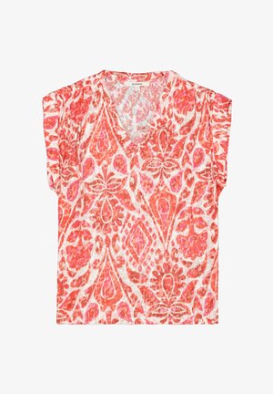 Korte mouwen, v-hals top in een levendig koraal en roze bloemenpatroon. Lichtgewicht stof met een losse pasvorm en een gestructureerd oppervlak.