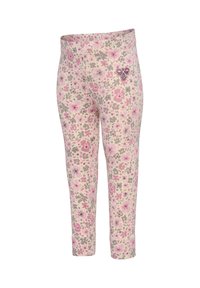 Blomster leggings i lys pink, prydet med en blanding af lilla og grå blomster. Blødt materiale, tætsiddende form, med et dekorativt logo på forsiden.