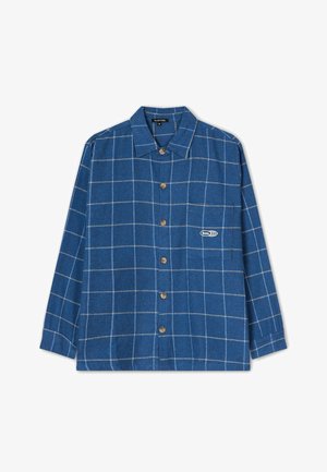 Camicia a maniche lunghe blu con bottoni, motivo a quadretti bianchi e tasca sul petto sinistro con piccolo logo bianco.