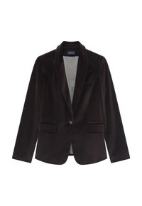 Blazer in velluto marrone scuro, con chiusura a un bottone, rever a punta e due tasche frontali. Texture liscia e design su misura.