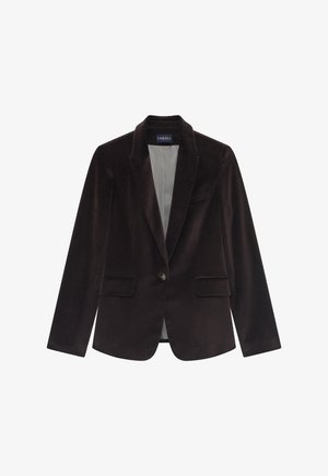Dunkelbrauner, samtener Blazer mit einem einzigen Knopfverschluss, gesteppte Revers und zwei Vorderseiten- Taschen. Glatte Textur und maßgeschneiderte Gestaltung.