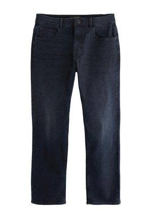 Jeans denim blu scuro a gamba dritta con bottone frontale, cerniera e cinque tasche, mostrati stesi su sfondo bianco.