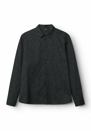 Juodas ilgomis rankovėmis marškinėliai su apykakle, su subtiliu gėlių raštu ir sagčių uždarymu. Lygus audinys su laisvu siluetu.