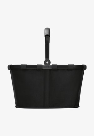 Panier de shopping en tissu noir avec un cadre rigide, doté d'une poignée robuste et de poignées en caoutchouc. Forme plate et rectangulaire avec des bords renforcés.