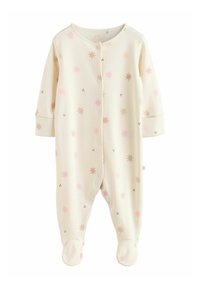 Cremefarbener Babyrumpfanzug mit langen Ärmeln, rosa Sternenmuster, Druckknöpfe vorne und Füßchen-Design. Weicher, dehnbarem Stoff.
