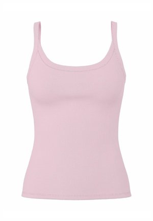 Vaaleanpunainen ribbitekstiilistä valmistettu toppi, jossa on pyöreä kaula-aukko ja ohuet olkaimet. Malli on tiukka ja pinta on sileä. Ei koristeluja.