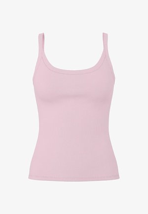 Top de cambrat roz deschis, cu model striat, guler rotund și bretele subțiri, având un design fitted și o textură netedă. Fără embellishments.