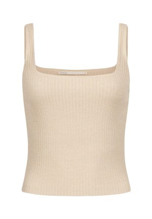 Beige geripptes Tanktop mit quadratischem Ausschnitt und dünnen Trägern, das eine figurbetonte Passform und eine weiche Textur aufweist. Markenetikett sichtbar.