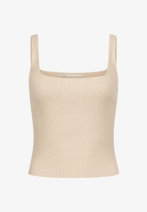Beige ribbet tanktop med firkantet udskæring og tynde stropper, med en tæt pasform og blød tekstur. Mærkets label er synlig.