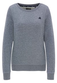 Sudadera gris hecha de tela suave, con mangas largas, un escote redondeado y un pequeño logo en el pecho. Puños y dobladillo acanalados.