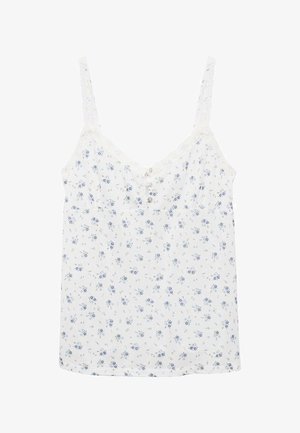 Hvid ærmeløs top med blåt blomstermønster, blondekantede stropper, V-udskæring og knapdetaljer ned ad fronten. Blødt, letvægtsstof.