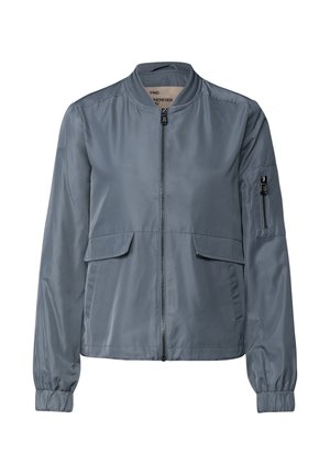 Light gray bomber jacket with a glossy, smooth texture. Features a zip front, side pockets, and elasticized cuffs for a fitted look.