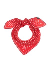 Sarkans bandana ar baltām punktiem, apdarināts ar baltu apdari. Sasiets mezglā, ar nelielu ziedu izšuvumu stūrī.