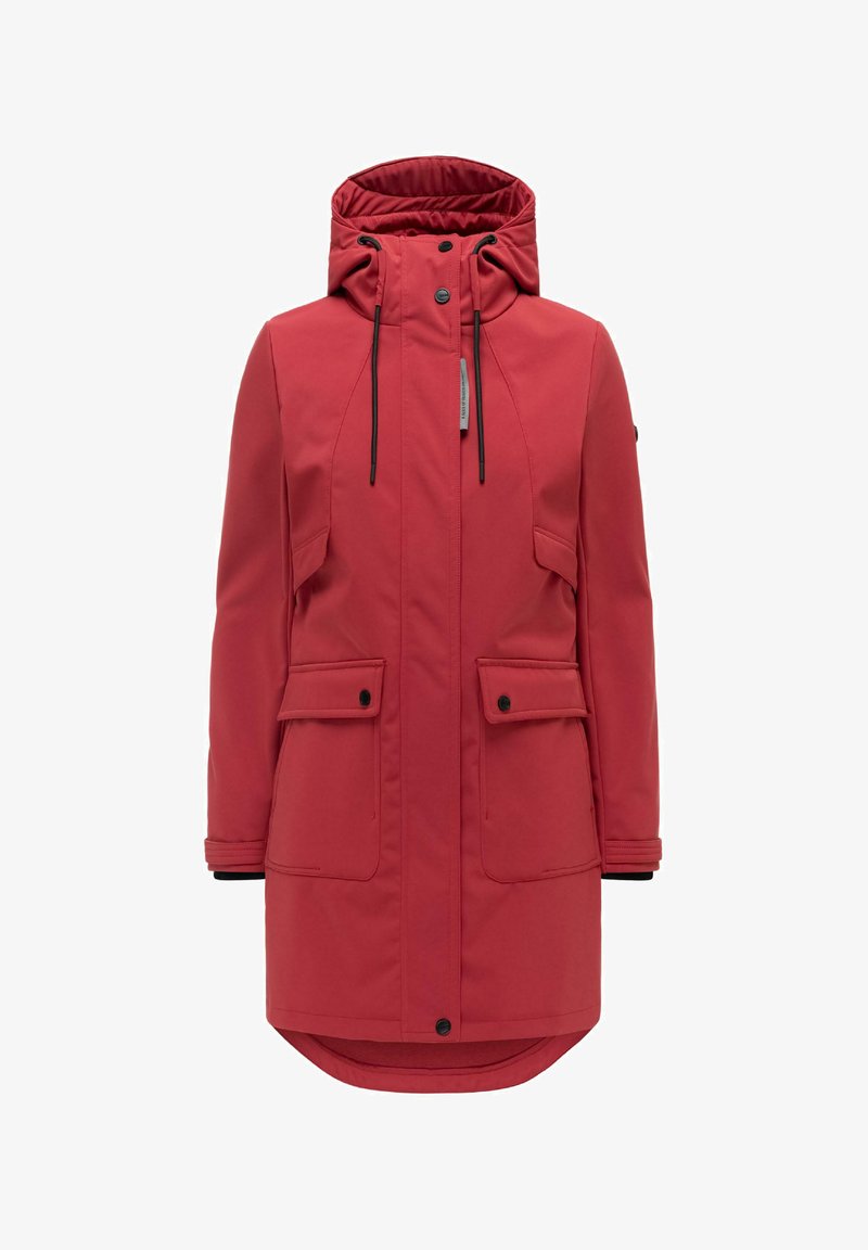 Roter langer Winterparka mit verstellbarer Kapuze, Frontreißverschluss, der von einer Druckknopfleiste verdeckt wird, und vier Taschen mit Klappen und Knöpfen.