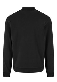 Sweat-shirt noir à manches longues avec poignets côtelés, ourlet et petit col montant, vu de dos.