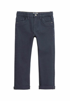 Donker marineblauwe denim broek met een slim fit, voorzien van een knoop- en ritssluiting, vijf zakken en opgerolde broekspijpen. Glad materiaal en effen kleur.