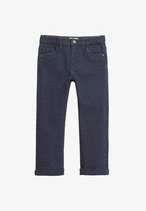 Dunkelblaue Denim-Hosen mit schmaler Passform, ausgestattet mit einem Knopf- und Reißverschluss, fünf Taschen und umgeschlagenen Säumen. Glatte Textur und einfarbige Optik.