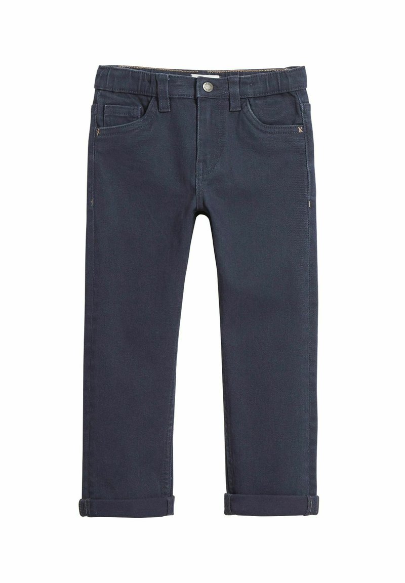 Tummaa laivankankaan farkut, joissa on kapea malli, napitus ja vetoketju, viisi taskua ja käännetyt lahkeet. Sileä rakenne ja tasainen väri.