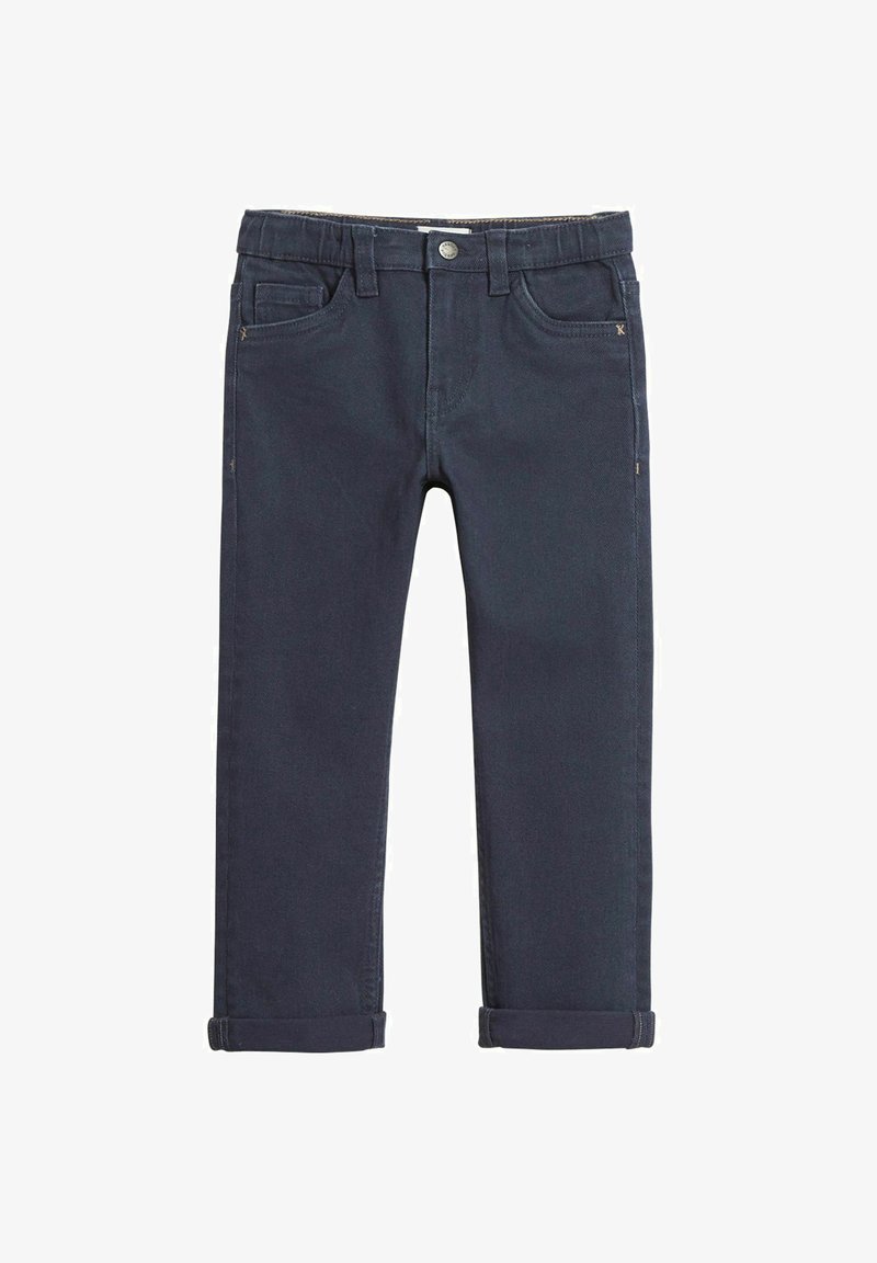 Mörk marinblå denimbyxor med smal passform, med knapp- och dragkedjestängning, fem fickor och uppvikta fållar. Slät yta och enfärgad.
