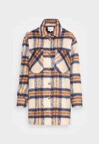 Rutigt skjortjacka i ullblandning i krämfärg, blått och orange med knappstängning, två bröstfickor och krage. Texturerad yta.