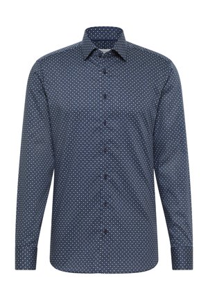 Marineblauwe long-sleeve shirt met een geometrisch patroon in wit en lichtblauw, met een knoopsluiting kraag en donkere knopen aan de voorkant.