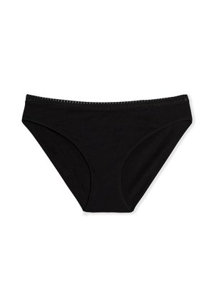 Mutande stile bikini nere da donna con delicato bordo in pizzo lungo la vita, fronte piatto e tessuto di cotone liscio.