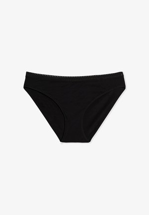 Mutande stile bikini nere da donna con delicato bordo in pizzo lungo la vita, fronte piatto e tessuto di cotone liscio.