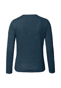 Maglietta a maniche lunghe blu scuro con scollo rotondo, mostrata da dietro, con un design semplice, senza cuciture e una vestibilità aderente.