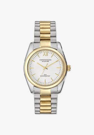 Zweifarbige Silber- und Goldmetall-Armbanduhr mit weißem Zifferblatt, goldenen Stundenmarkierungen und "Copenhagen Studios"-Branding, wasserdicht bis 50 Meter.