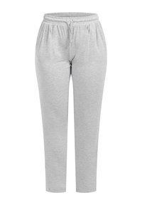 Hellgraue Sweatpants mit einem elastischen Bund, Kordelzug und schmal geschnittenem Bein. Hergestellt aus einem weichen, strukturierten Stoff mit dezentem Glanz.